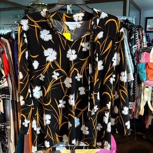 Liz Claiborne Black Top with White Flowers and Gold Accents